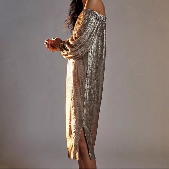 Mare Mare x Anthropologie Calliope Gold Sequined Midi Dress Medium NEW - Picture 4 of 13